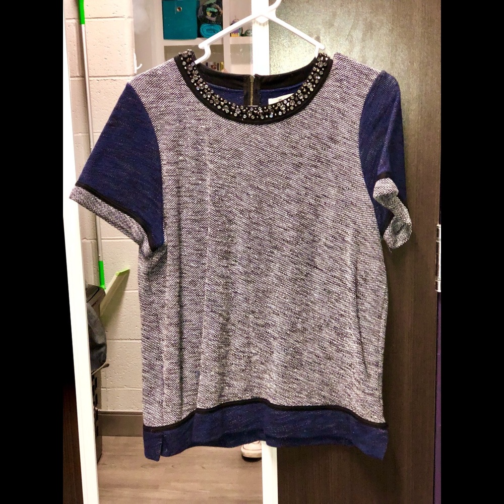 Blue and white knit sweater with bedazzled collar